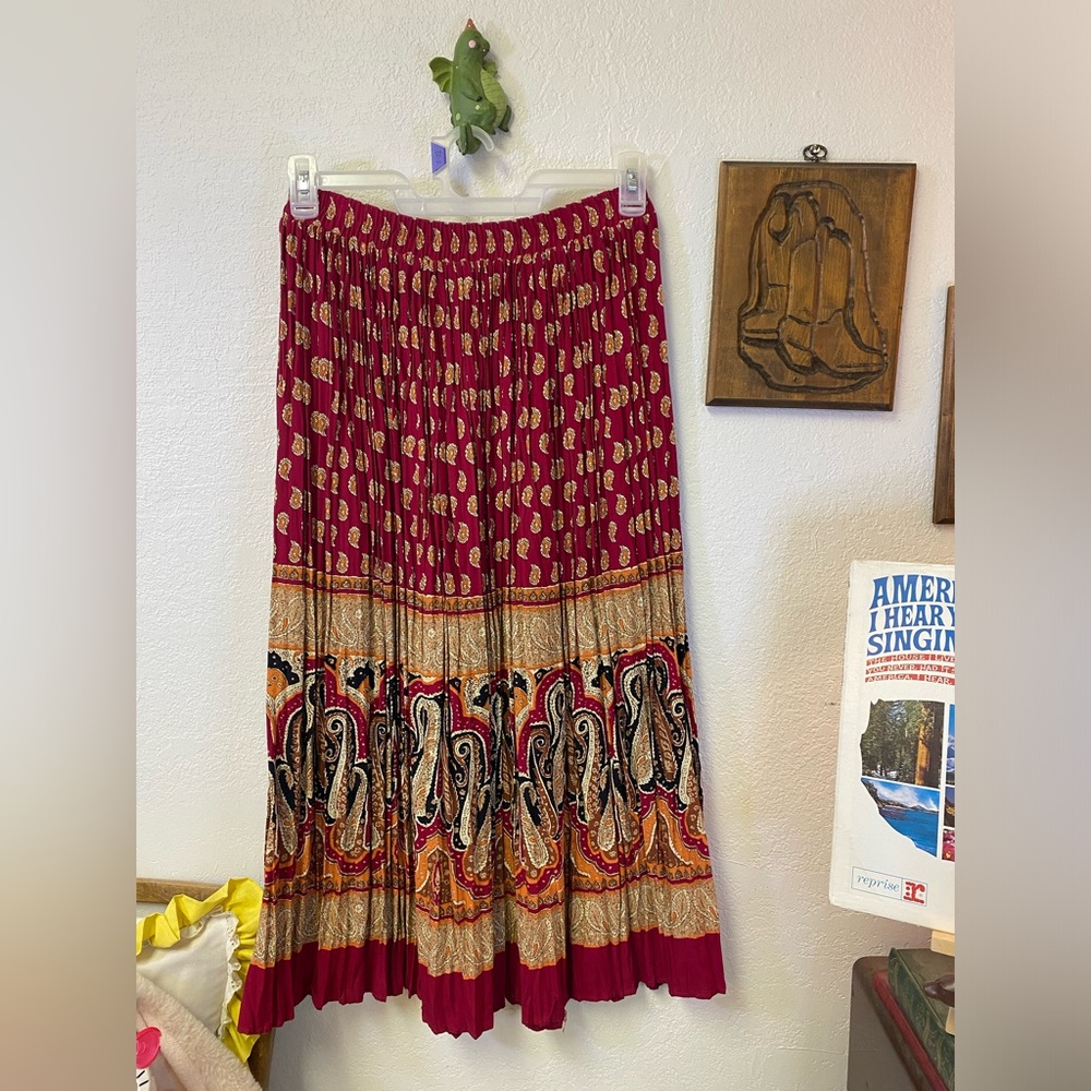 Vintage FStop Sz 12 Accordion Pleat Crinkle Paisley Red Orange Boho Hippie Maxi